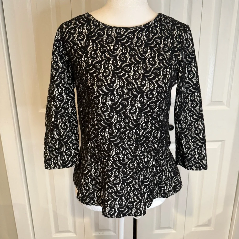 J.Crew, Black Lace Peplum Blouse Size Small 3/4 Sleeve Classic Chic, Size S